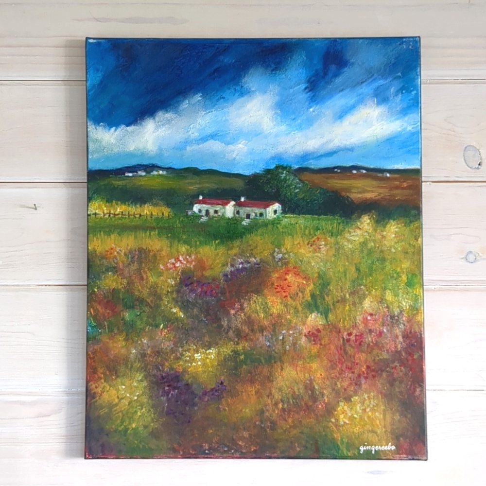 Original New Painting French Countryside Meadow Landscape, Acrylic Signed Canvas